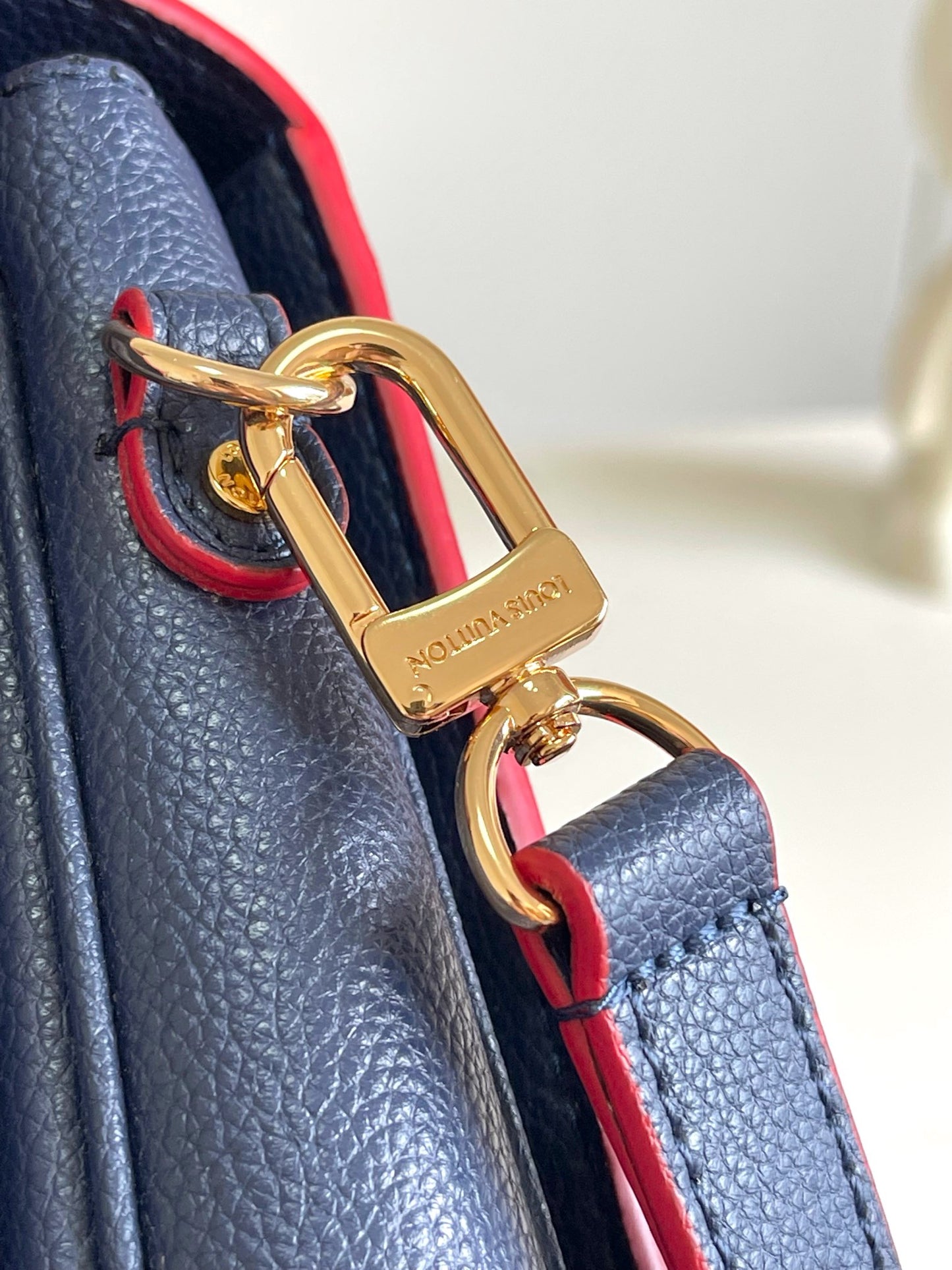 Louis Vuitton Navy Blue Embossed Leather Crossbody Satchel Bag with Red Trim