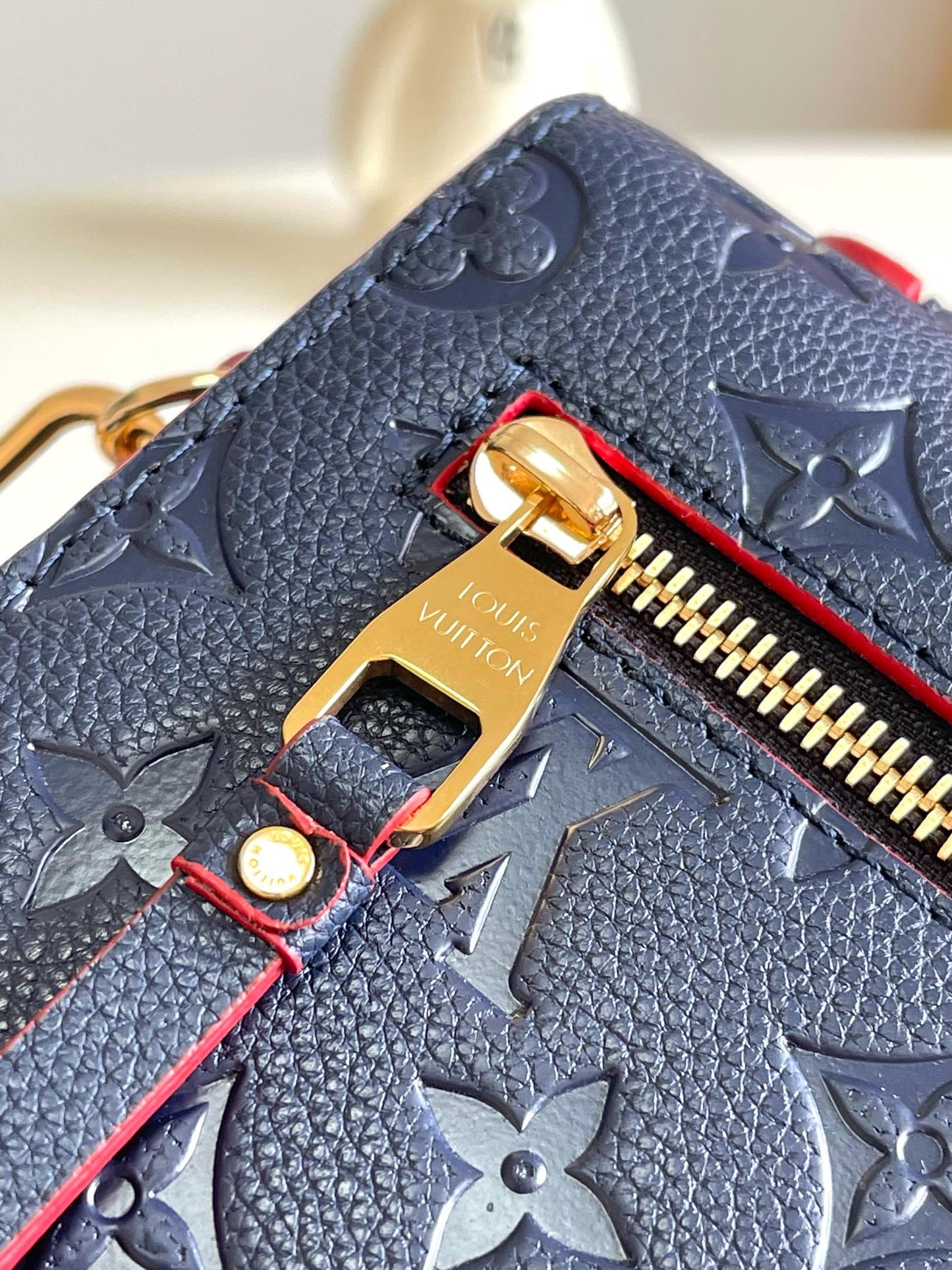 Louis Vuitton Navy Blue Embossed Leather Crossbody Satchel Bag with Red Trim