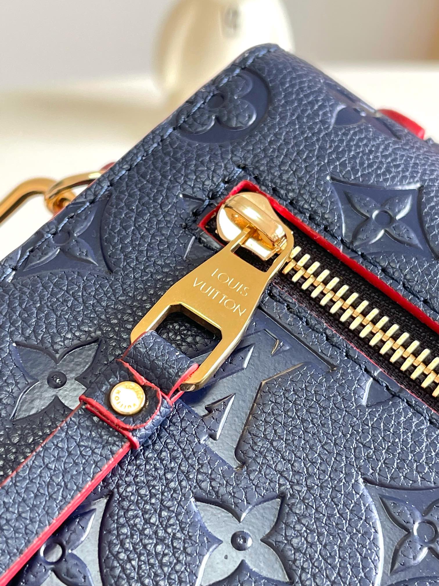 Louis Vuitton Navy Blue Embossed Leather Crossbody Satchel Bag with Red Trim