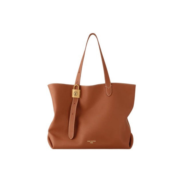 Louis Vuitton Classic Brown Leather Tote Bag with Gold Lock Accent and Shoulder Straps
