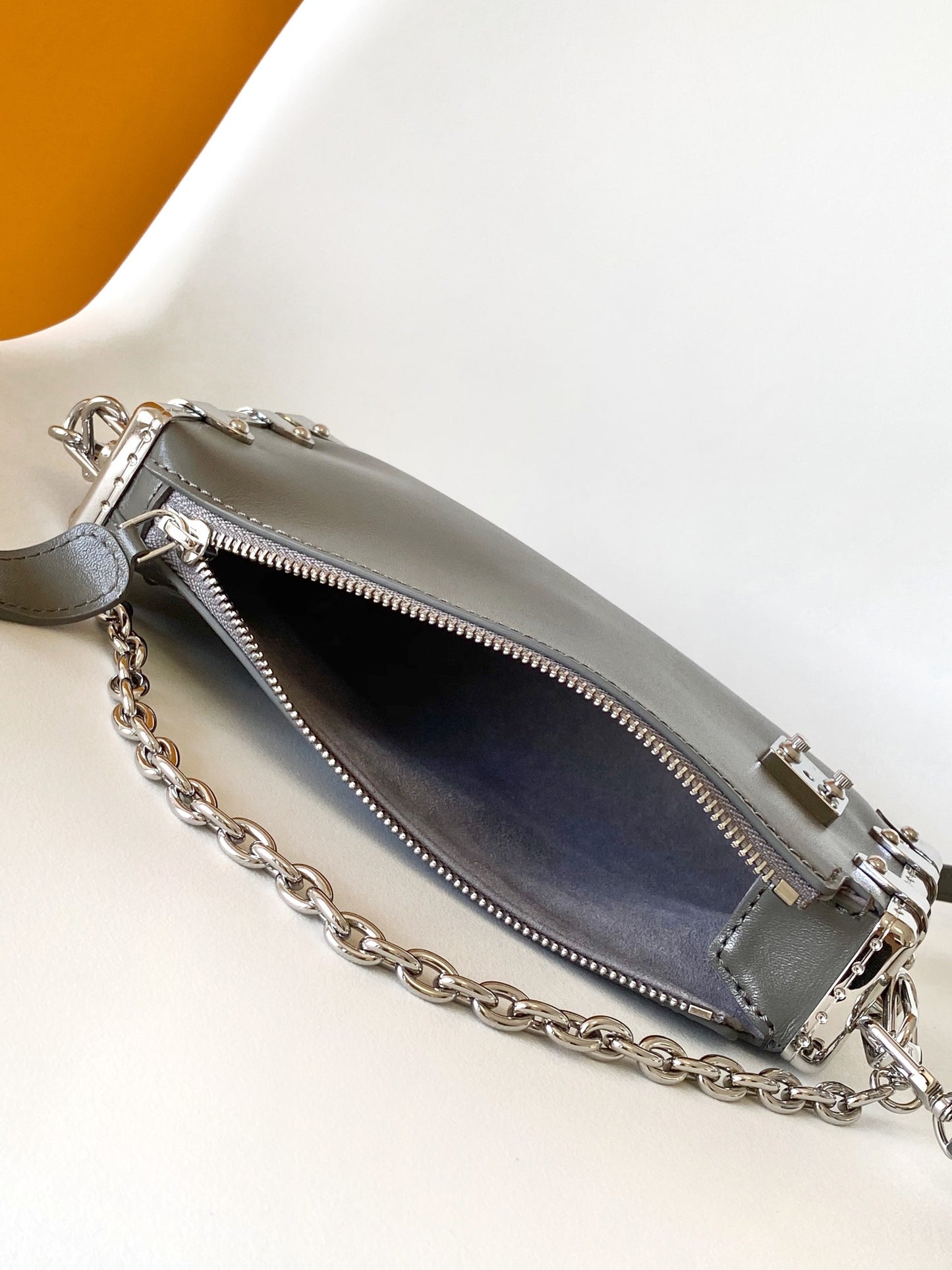 Louis Vuitton Grey Trunk Style Leather Shoulder Bag with Silver Chain Detail