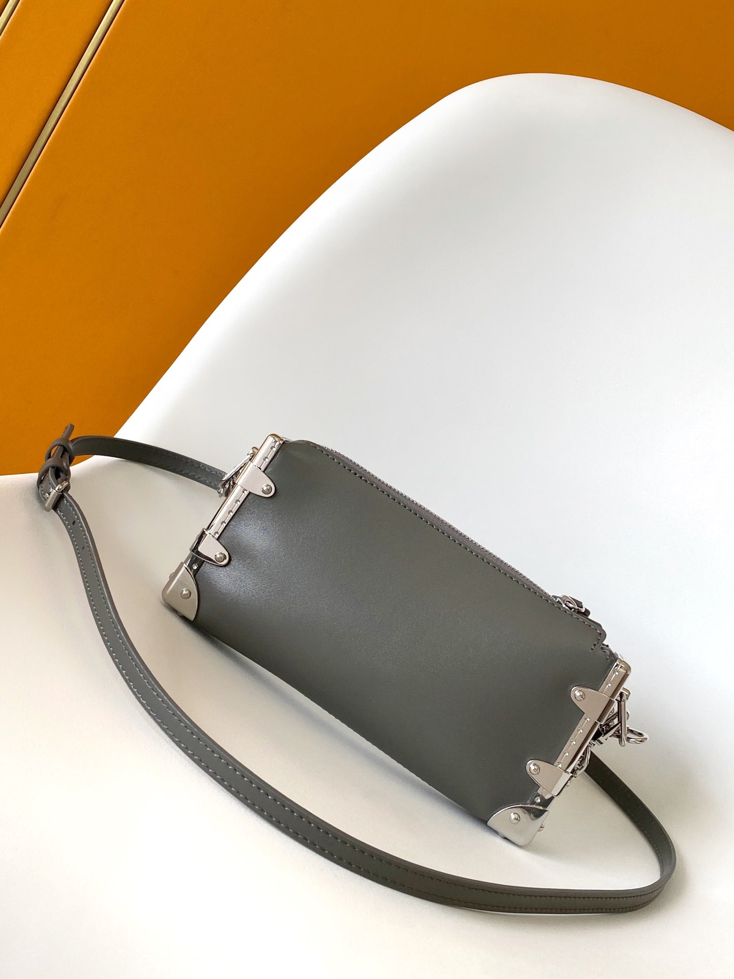 Louis Vuitton Grey Trunk Style Leather Shoulder Bag with Silver Chain Detail