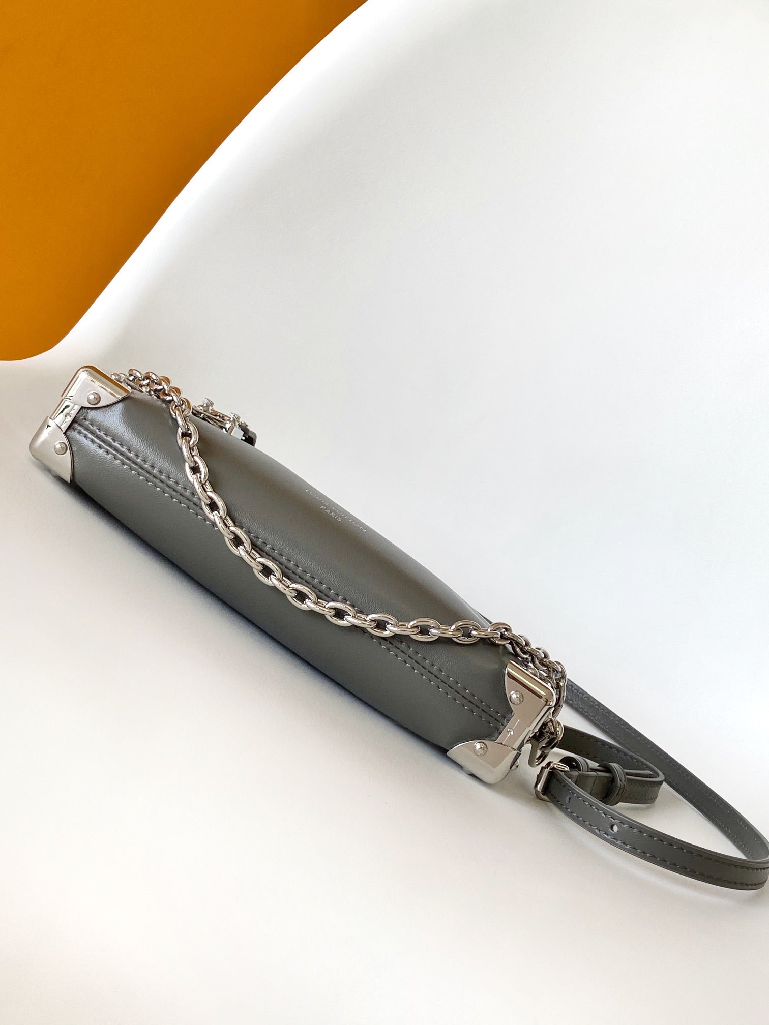 Louis Vuitton Grey Trunk Style Leather Shoulder Bag with Silver Chain Detail