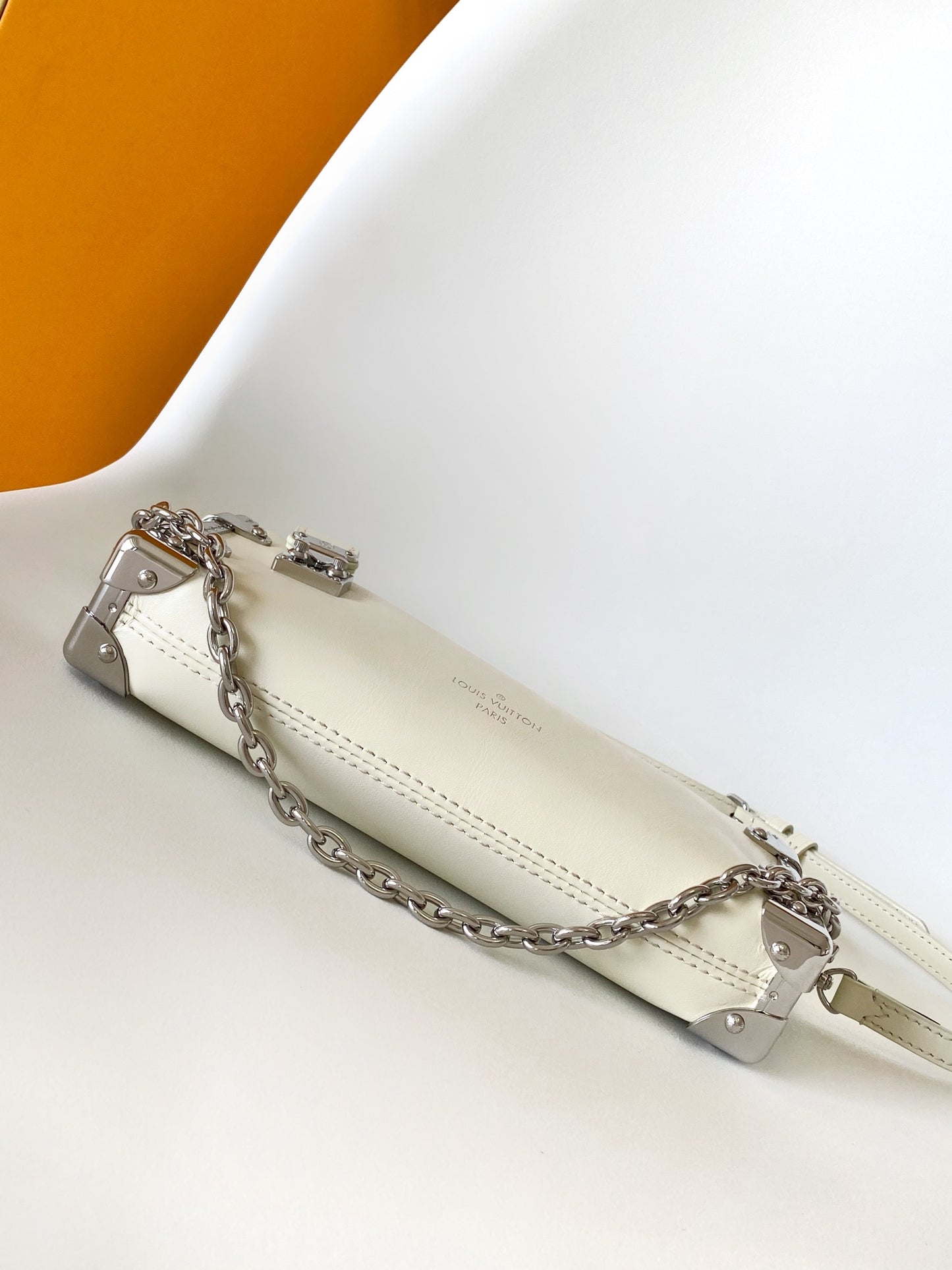 Louis Vuitton Beige Leather Crossbody Bag with Silver Studded Corners and Chain Strap