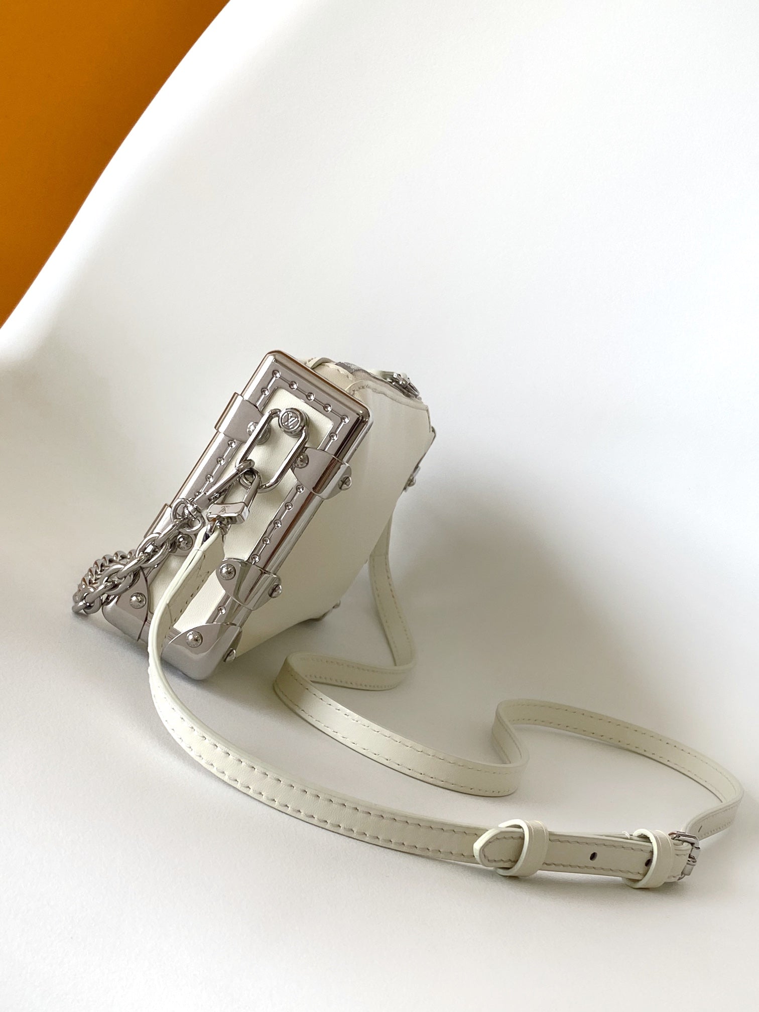 Louis Vuitton Beige Leather Crossbody Bag with Silver Studded Corners and Chain Strap