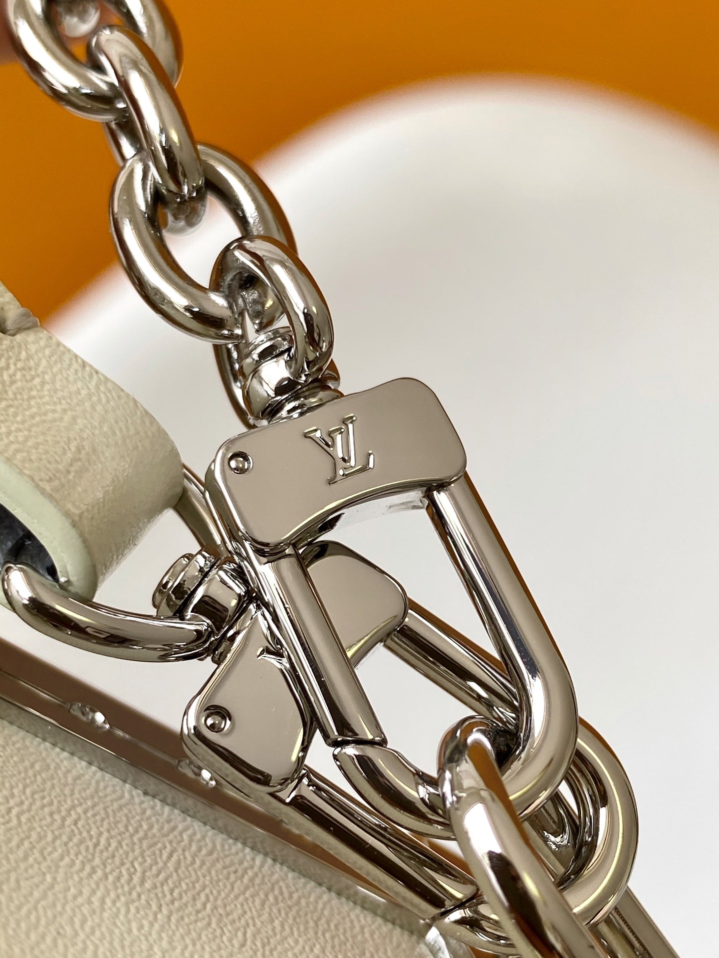 Louis Vuitton Beige Leather Crossbody Bag with Silver Studded Corners and Chain Strap