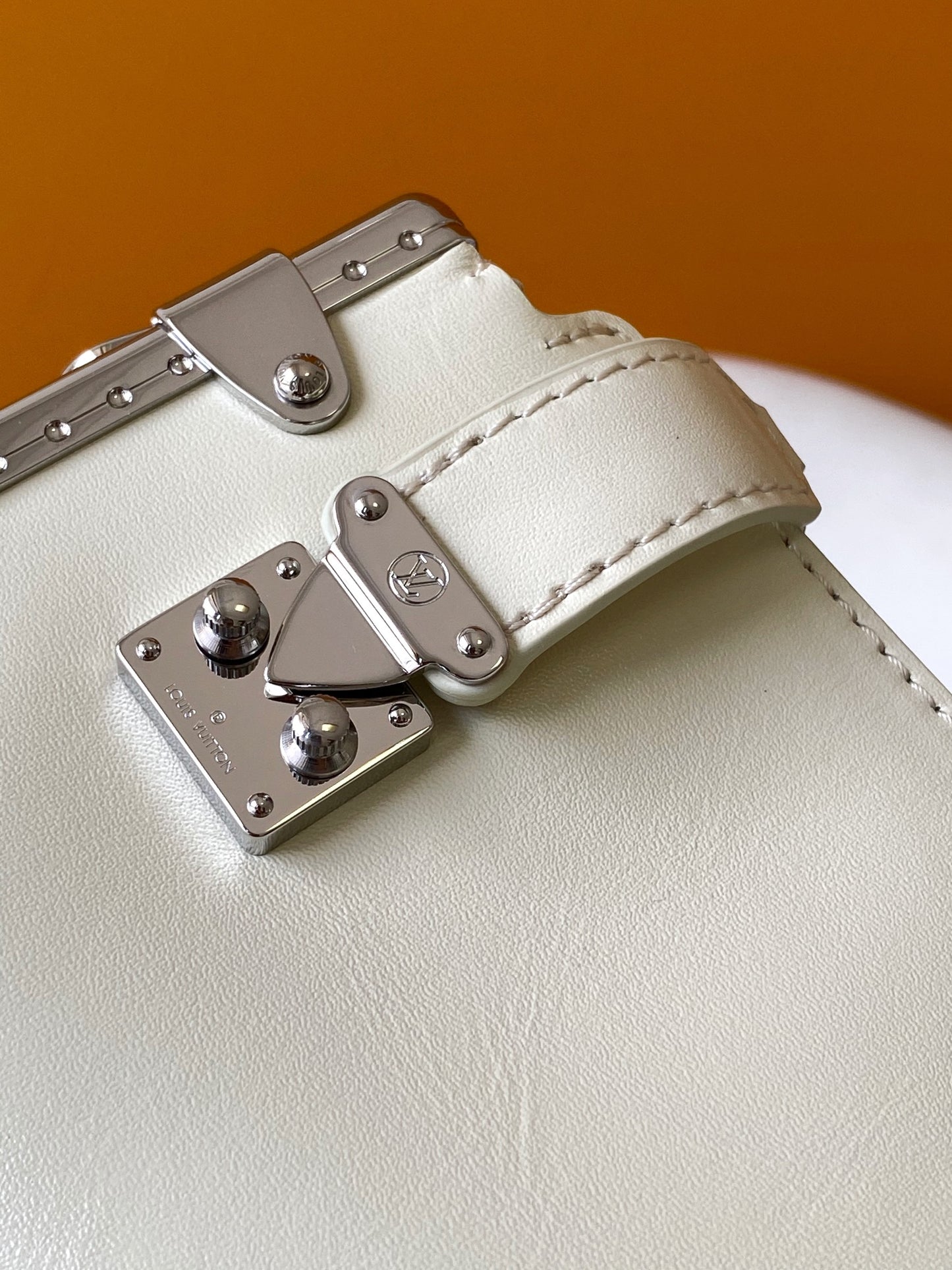 Louis Vuitton Beige Leather Crossbody Bag with Silver Studded Corners and Chain Strap