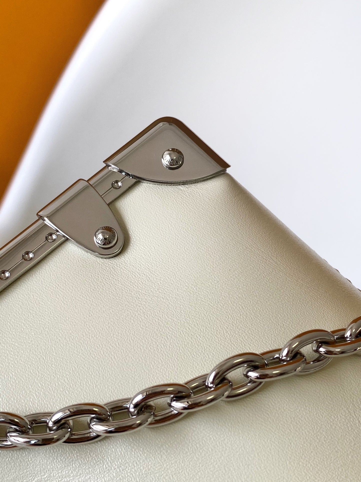 Louis Vuitton Beige Leather Crossbody Bag with Silver Studded Corners and Chain Strap