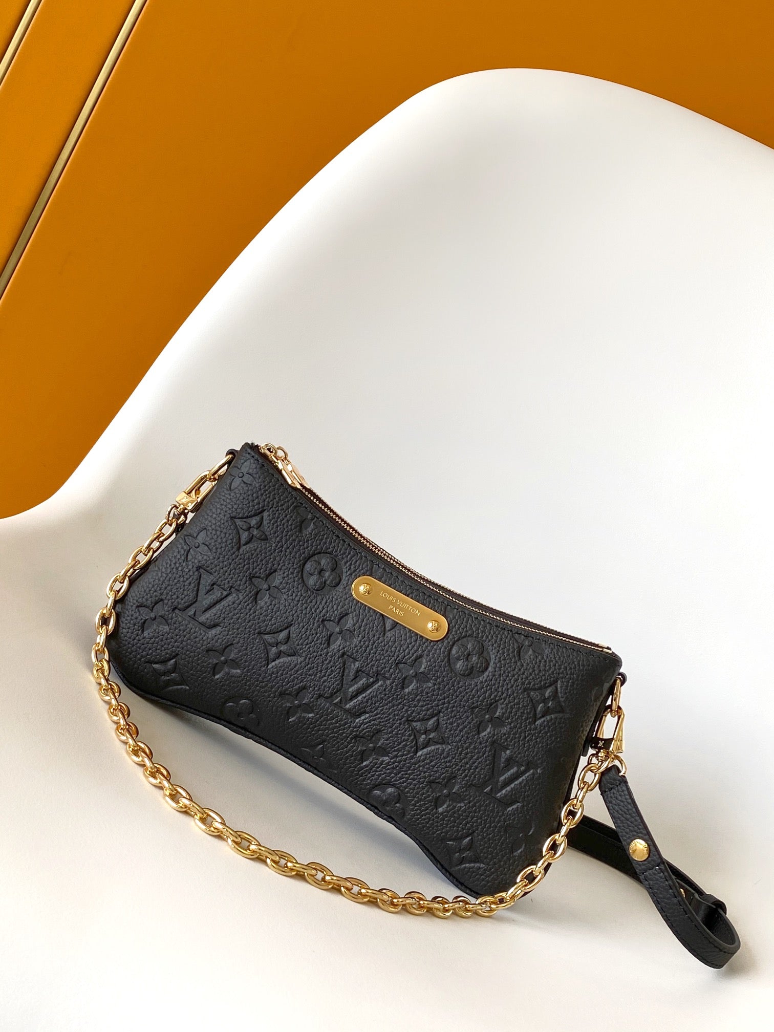 Louis Vuitton Black Embossed Leather Crossbody Bag with Gold Chain Strap