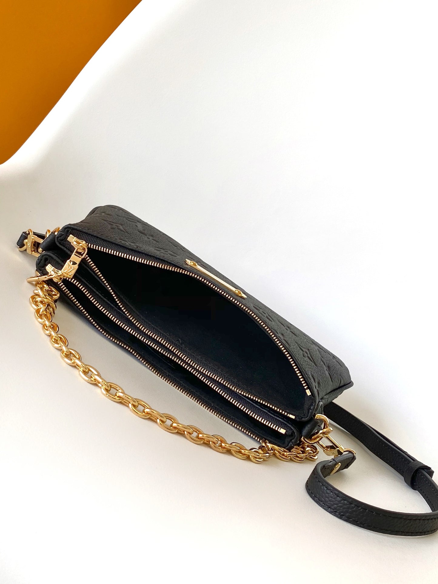 Louis Vuitton Black Embossed Leather Crossbody Bag with Gold Chain Strap