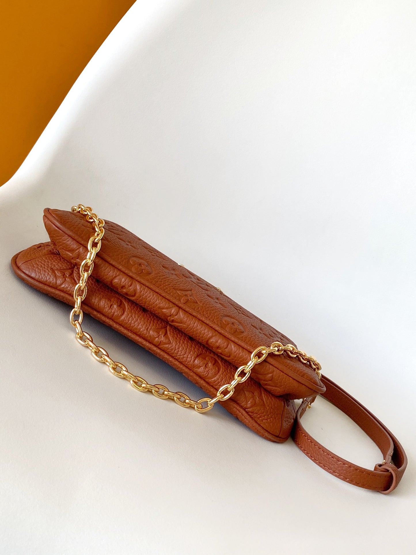 Louis Vuitton Brown Embossed Leather Shoulder Bag with Gold Chain Strap