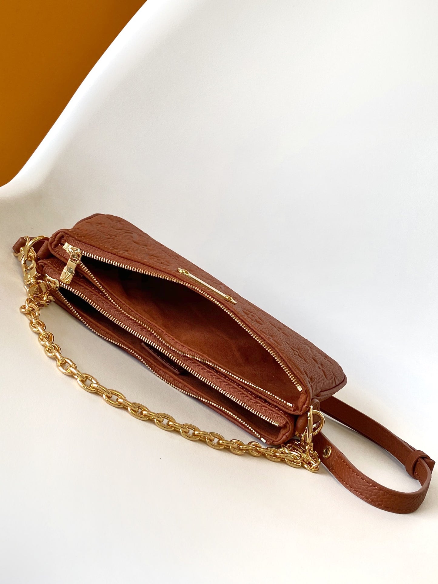Louis Vuitton Brown Embossed Leather Shoulder Bag with Gold Chain Strap