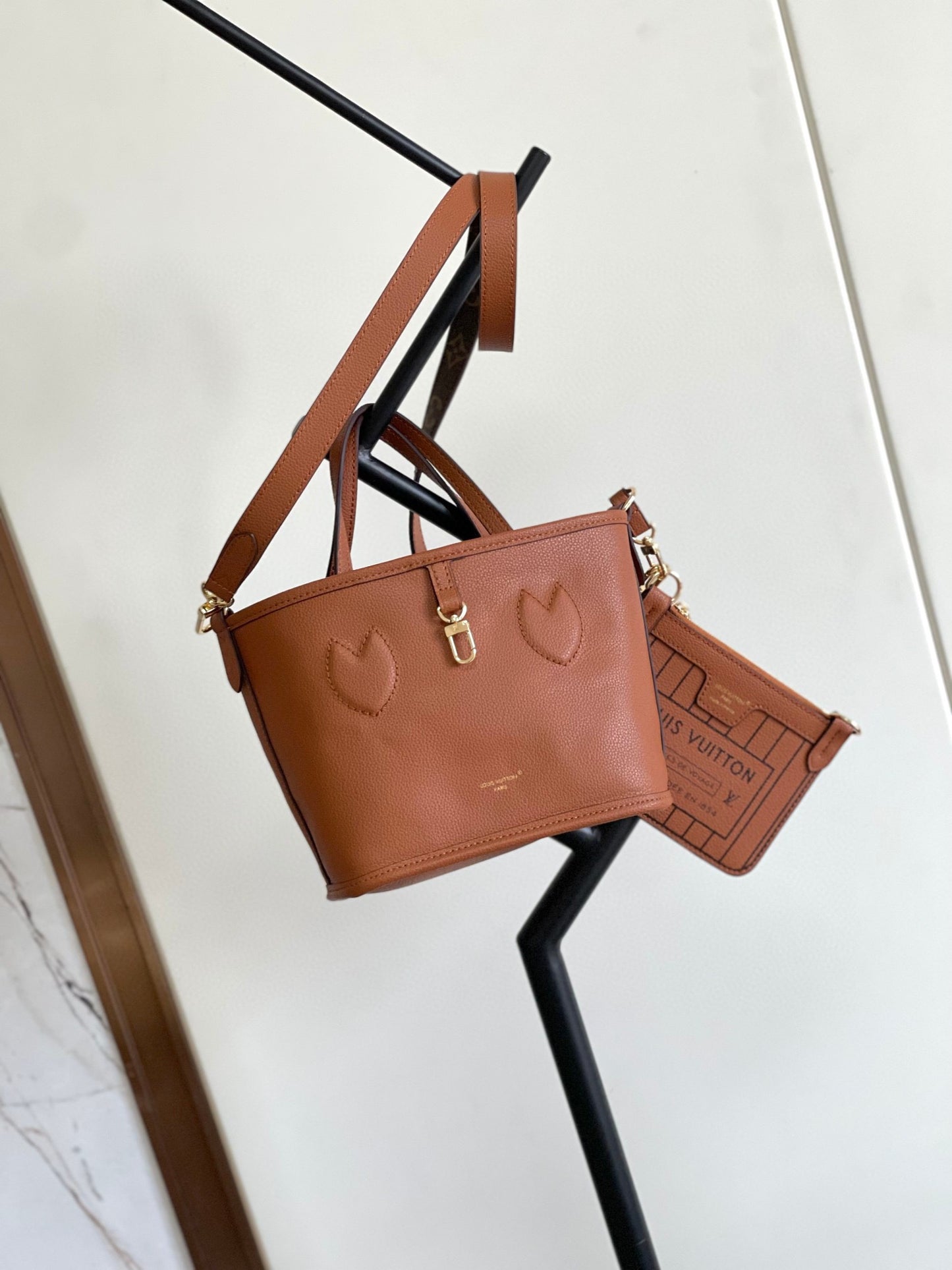 Louis Vuitton Brown Leather Heart Embossed Crossbody Bag with Matching Card Holder
