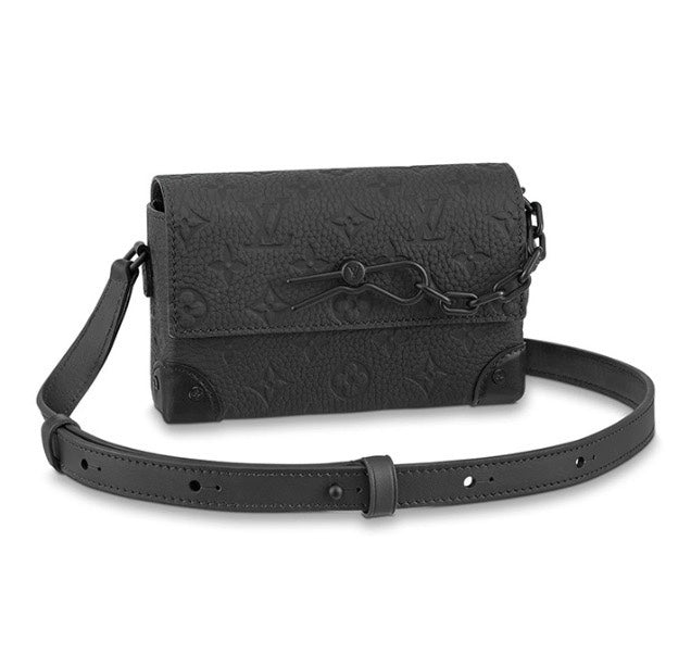 Louis Vuitton Matte Black Embossed Leather Crossbody Bag with Chain Detail