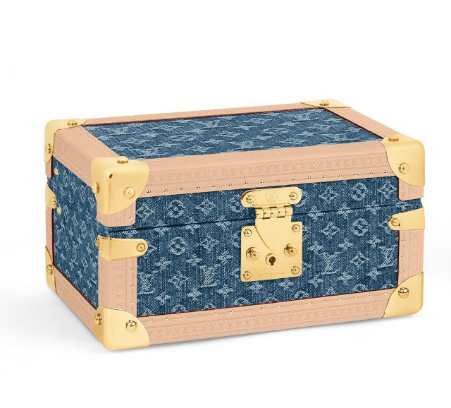 Louis Vuitton Blue Monogram Denim Mini Trunk Jewelry Box with Leather Trim
