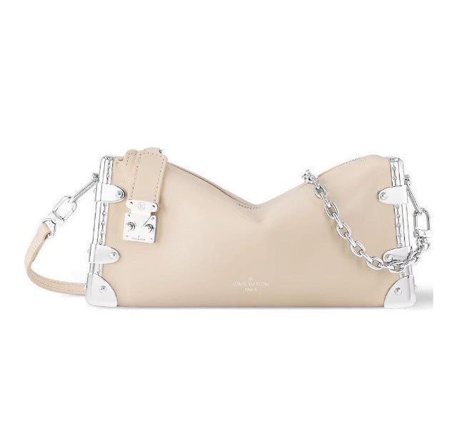 Louis Vuitton Beige Leather Crossbody Bag with Silver Studded Corners and Chain Strap