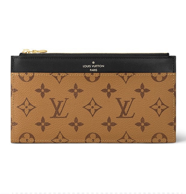 Louis Vuitton Classic Brown Monogram Print Slim Wallet with Black Leather Trim