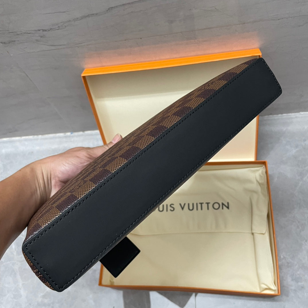 Louis Vuitton Brown Checkered Leather Wristlet Clutch Bag with Front Pocket