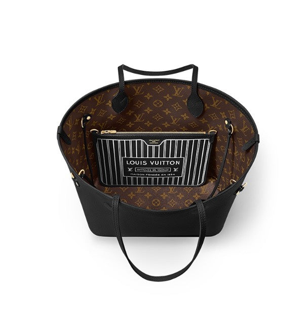 Louis Vuitton Black Leather Tote Bag with Monogram Print Lining and Pouch