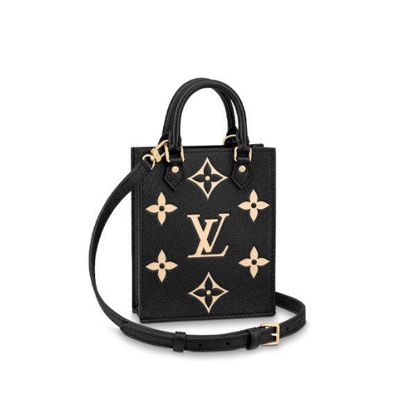 Louis Vuitton Black Embossed Leather Mini Crossbody Tote Bag with Gold Floral Details