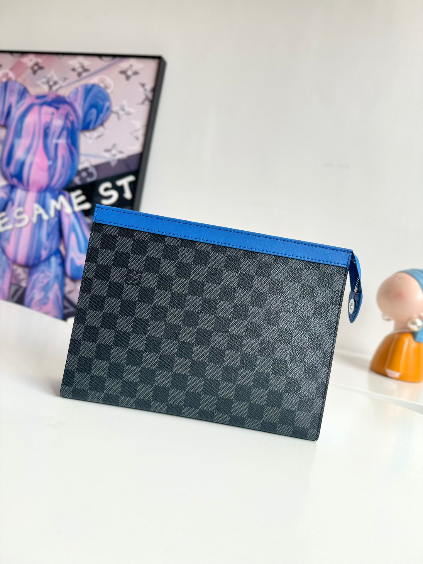 Louis Vuitton Modern Black and Grey Checkered Zipper Pouch with Blue Trim