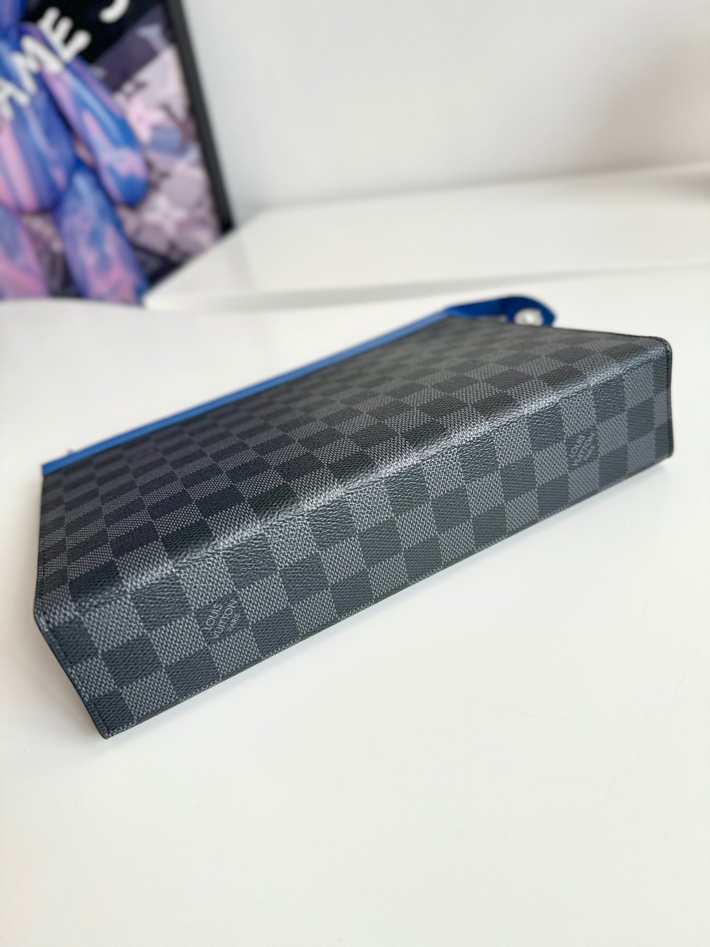 Louis Vuitton Modern Black and Grey Checkered Zipper Pouch with Blue Trim
