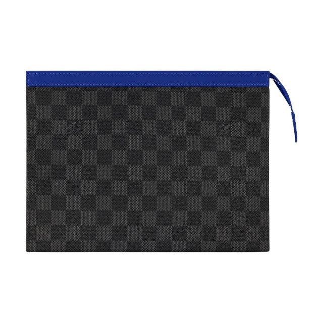 Louis Vuitton Modern Black and Grey Checkered Zipper Pouch with Blue Trim