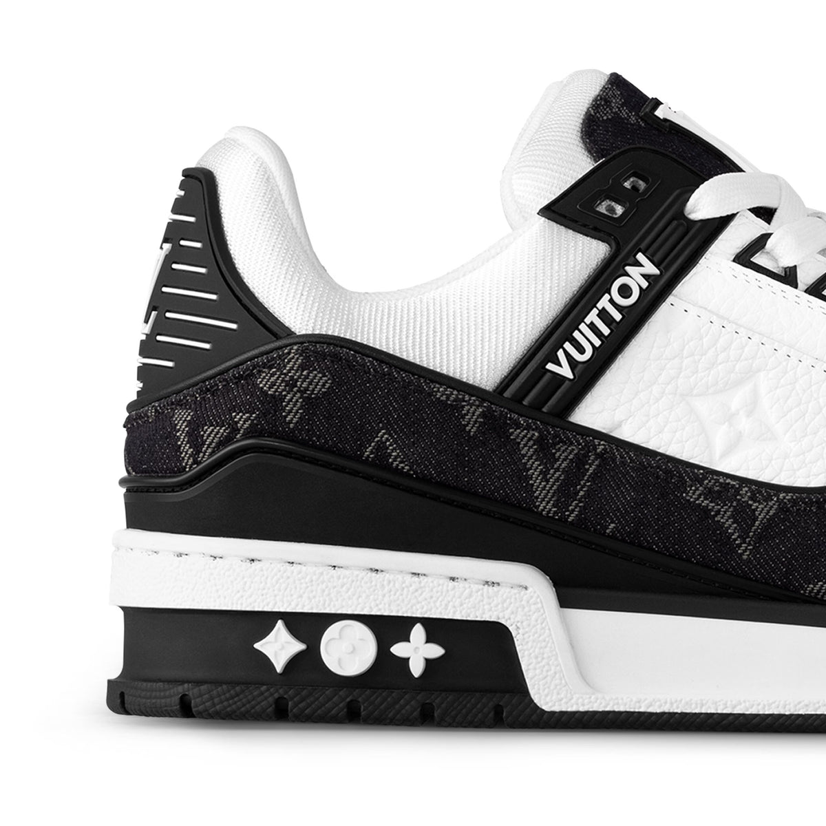 Louis Vuitton LV Trainer Maxi sneaker in black and white monogram denim and leather.