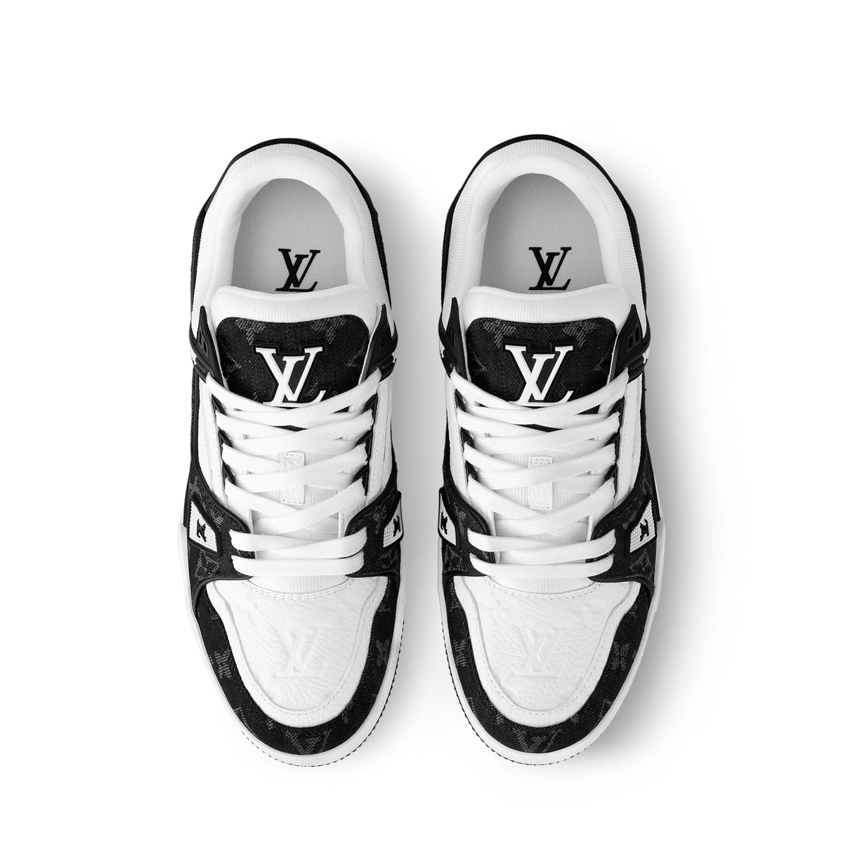 Louis Vuitton LV Trainer Maxi sneaker in black and white monogram denim and leather.