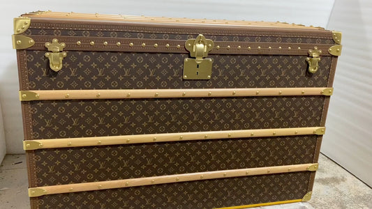 Vintage Monogram Wooden Storage Trunk Chest with Gold Hardware