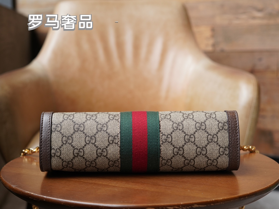 Gucci Classic Monogram Canvas Shoulder Bag with Stripe and Gold Chain
