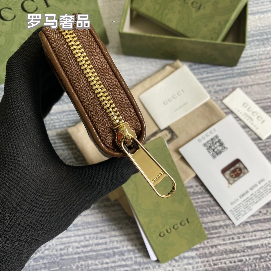 Gucci Monogram Canvas Card Case Wallet with Web Stripe and Gold Logo
