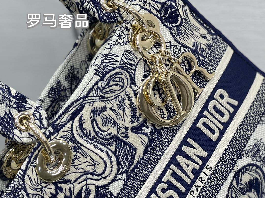 Dior Elegant Grey Floral Embroidered Canvas Top Handle Bag