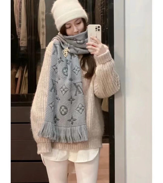 Women's Grey Monogram Pattern Knit Scarf with Fringe - Cozy Winter Neck Warmer Shawl and Wrap