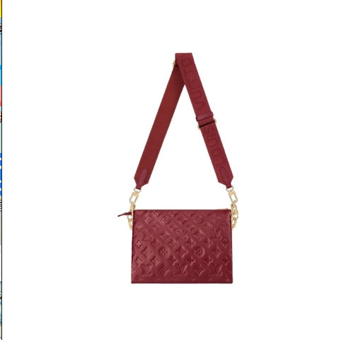 Louis Vuitton Elegant Burgundy Embossed Crossbody Bag with Wide Fabric Strap