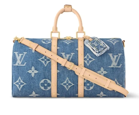 Louis Vuitton Blue Monogram Denim Weekender Travel Bag with Leather Trim