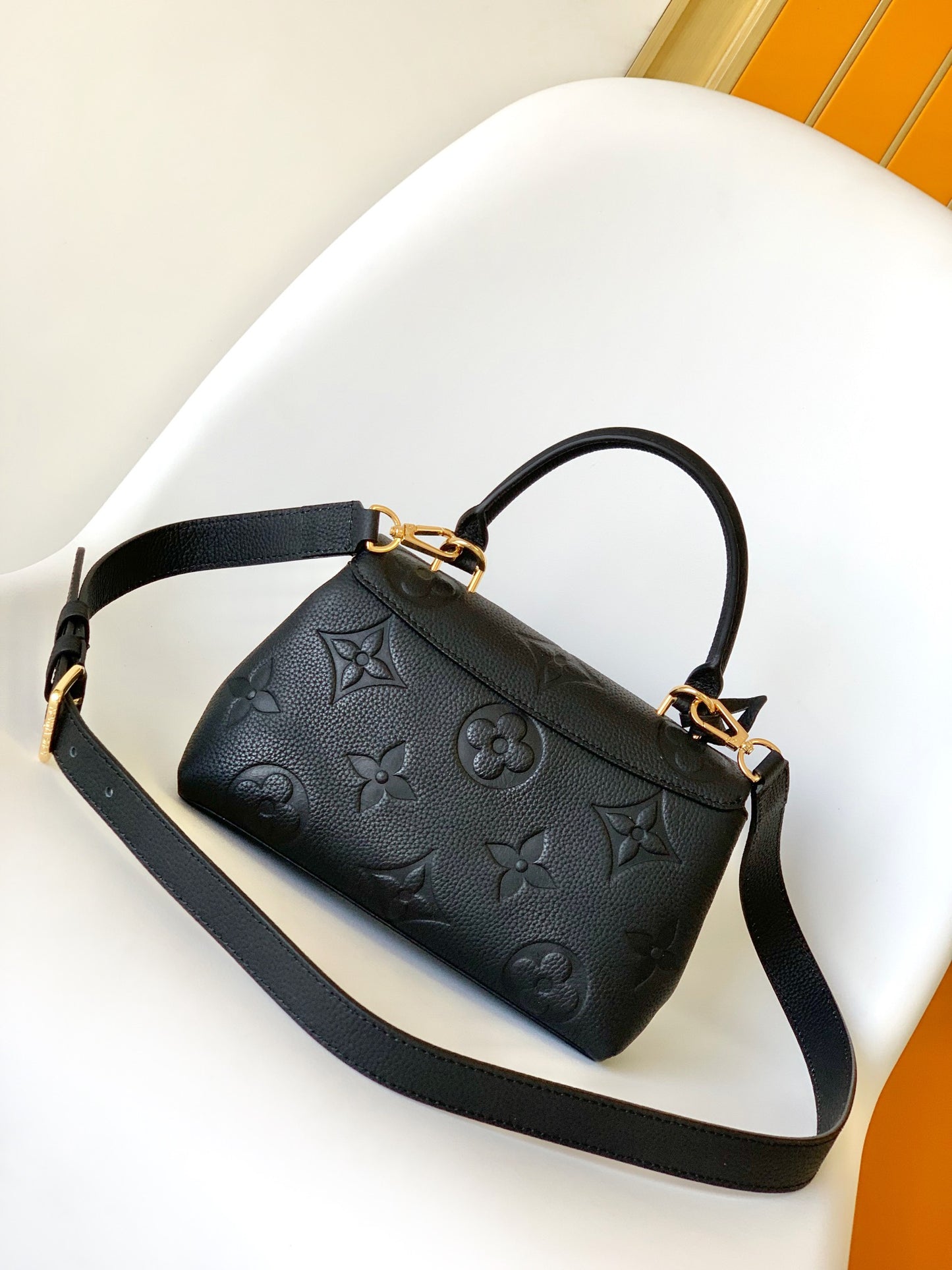 Louis Vuitton Black Embossed Leather Top Handle Handbag with Crossbody Strap