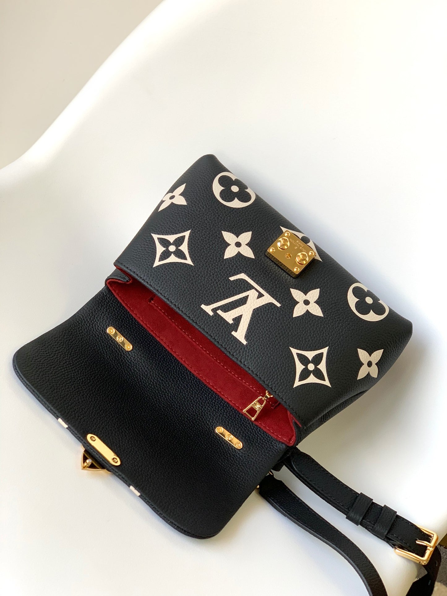 Louis Vuitton Black Leather Top Handle Shoulder Bag with Gold Floral Pattern
