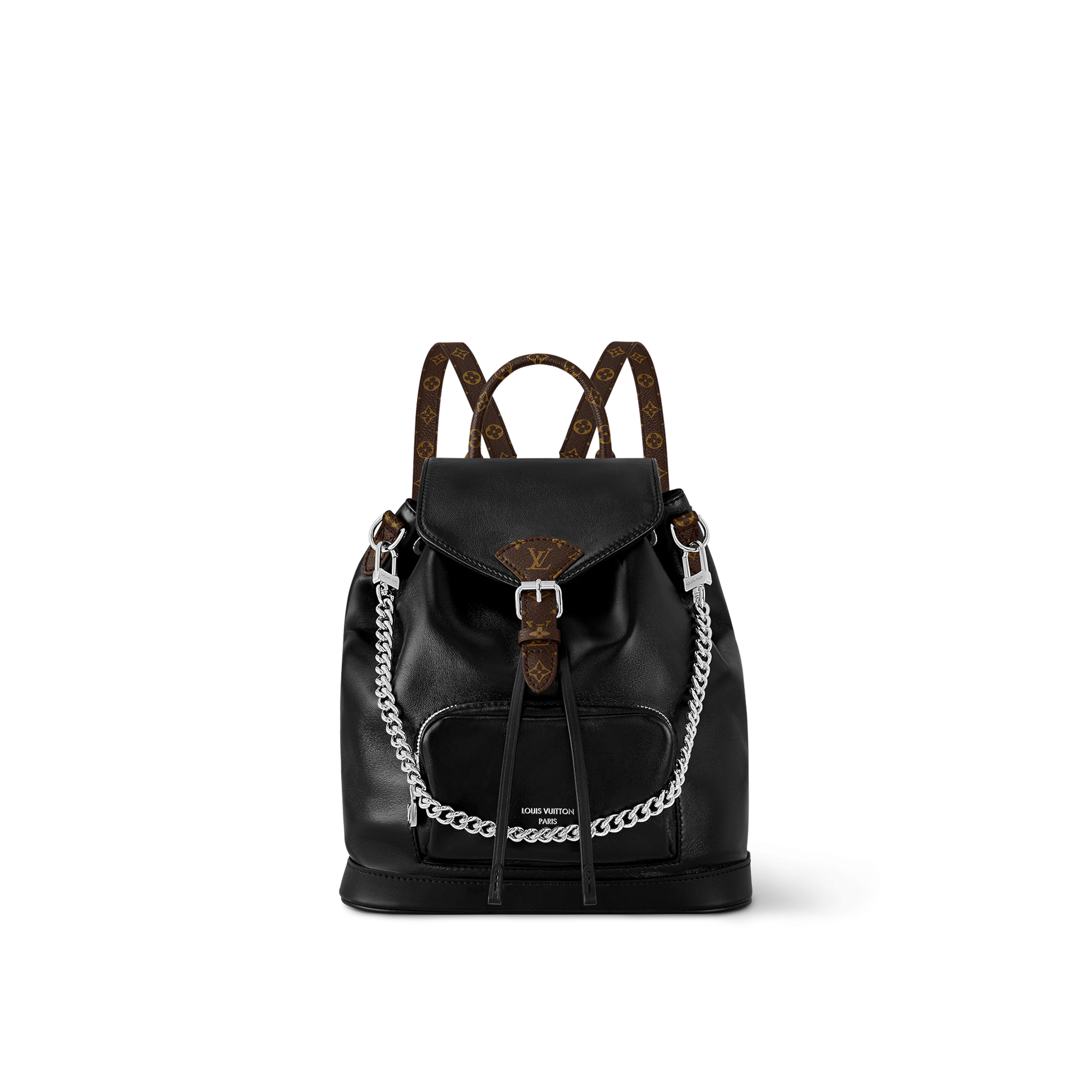 Louis Vuitton Black Leather Drawstring Backpack with Silver Chain Accent