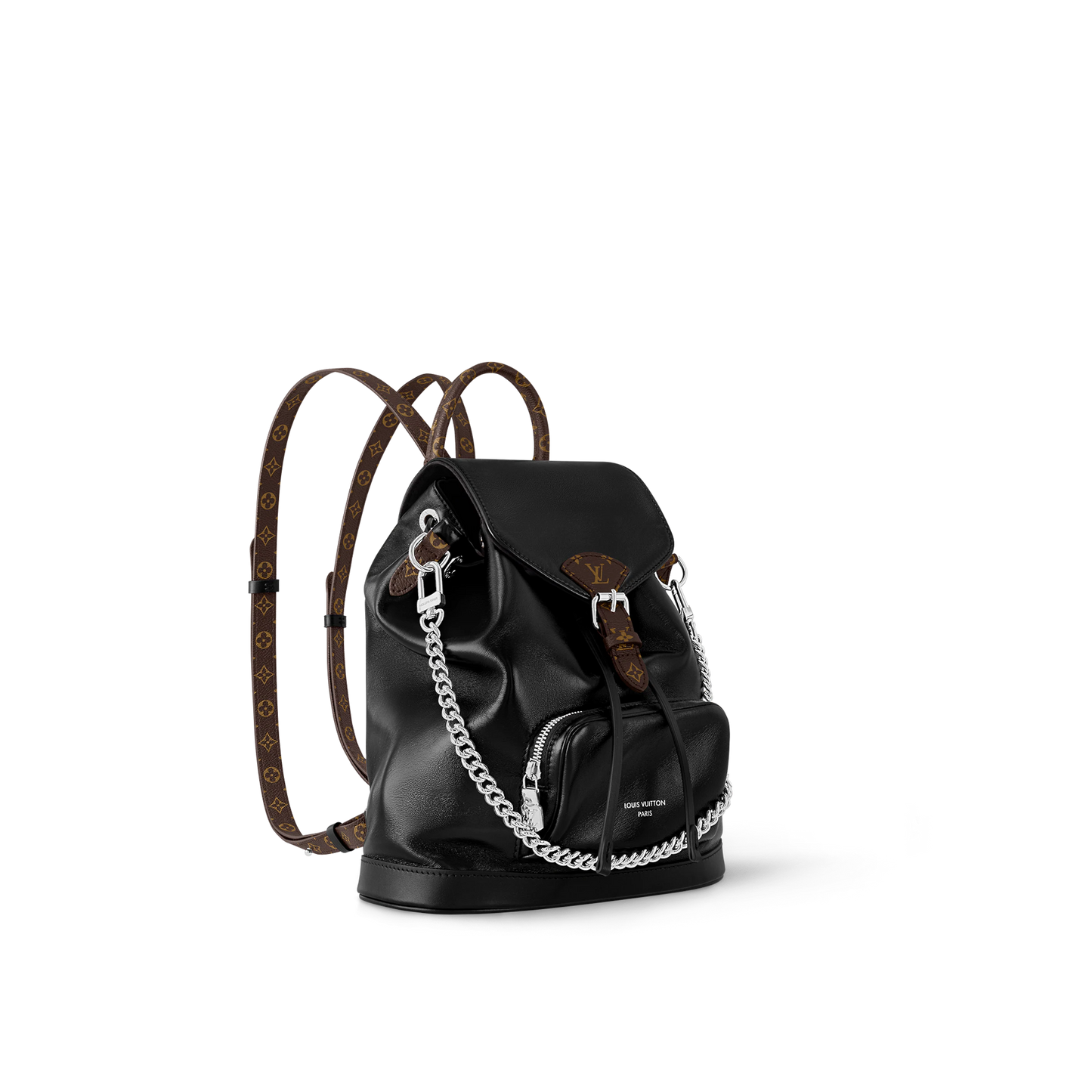 Louis Vuitton Black Leather Drawstring Backpack with Silver Chain Accent