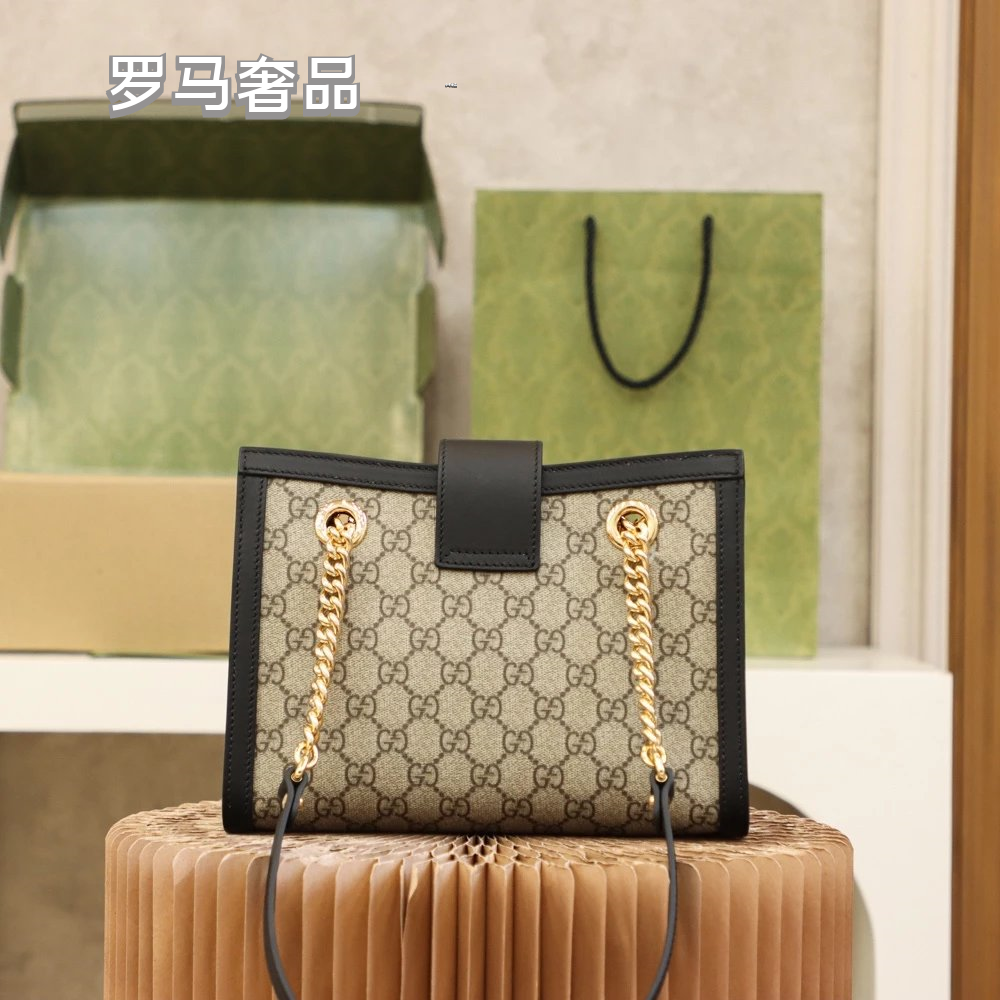 Gucci Vintage Monogram Canvas Shoulder Bag with Gold Chain and Padlock