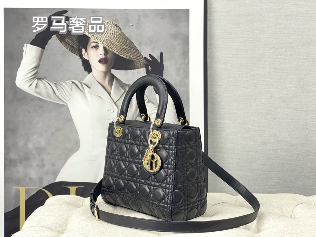 Dior Classic Black Quilted Leather Handbag with Top Handle and Gold Charms
