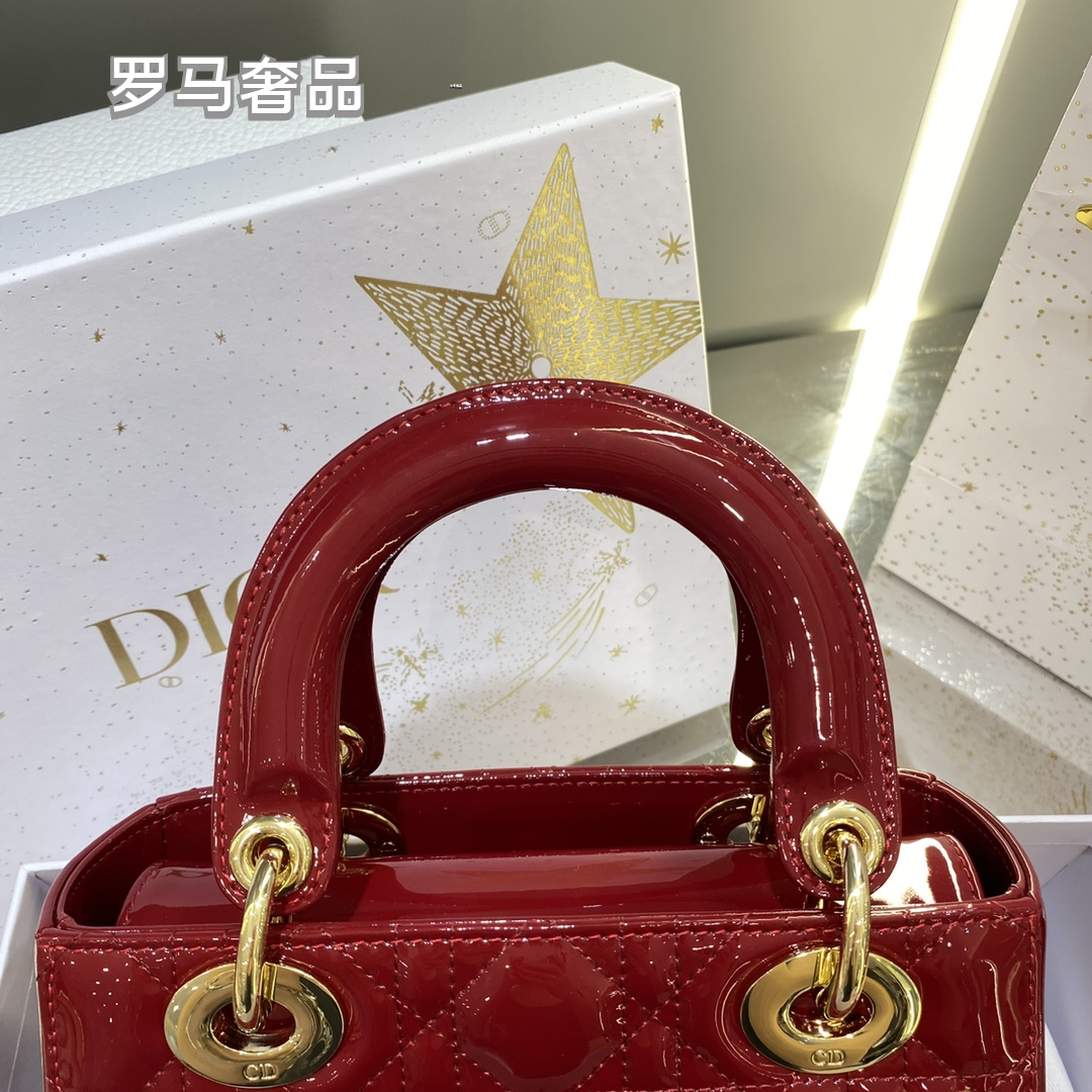 Dior Elegant Red Quilted Patent Leather Mini Top Handle Handbag
