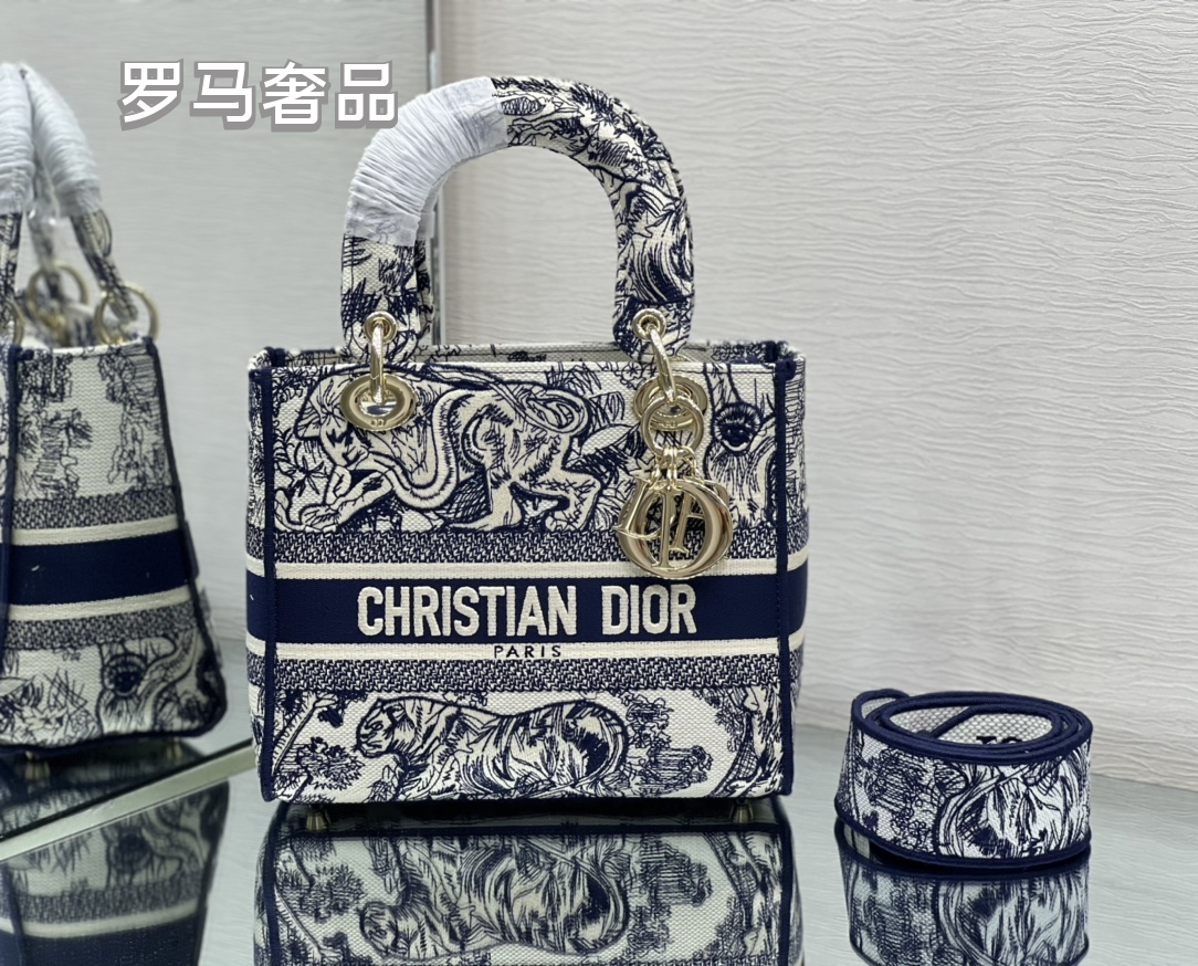 Dior Elegant Grey Floral Embroidered Canvas Top Handle Bag