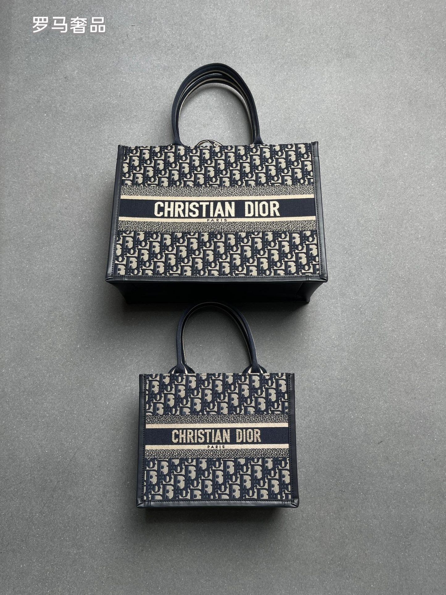 Dior Navy Blue Monogram Canvas Tote Bag with Top Handles