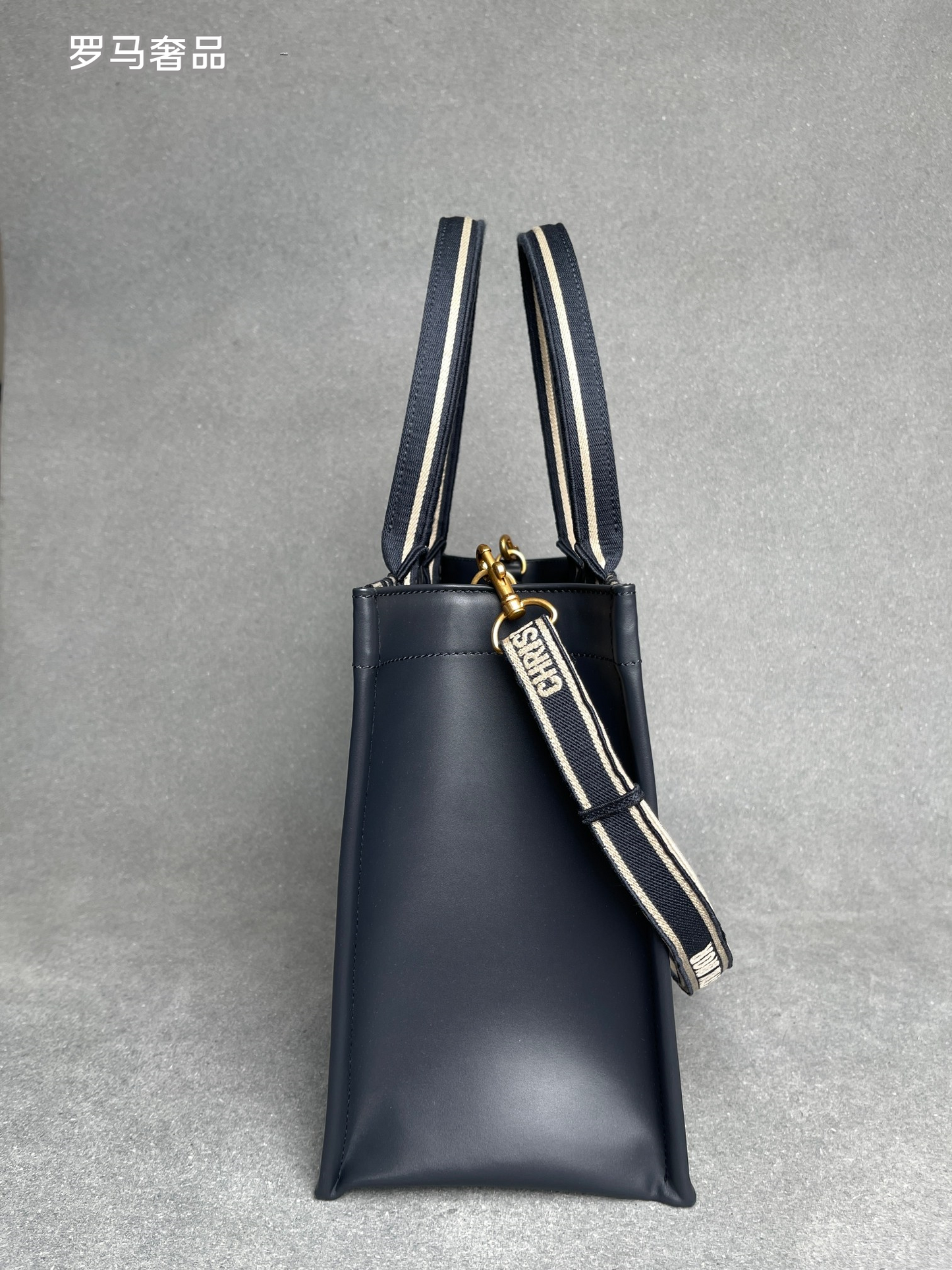 Dior Navy Blue Monogram Canvas Tote Bag with Top Handles