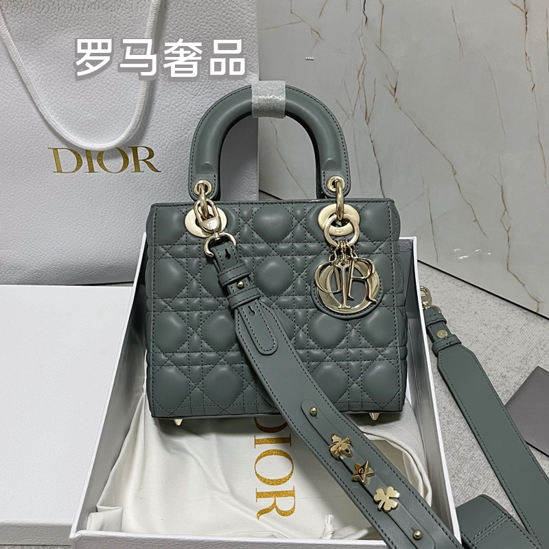 Dior Elegant Light Gray Quilted Top Handle Handbag with Shoulder Strap