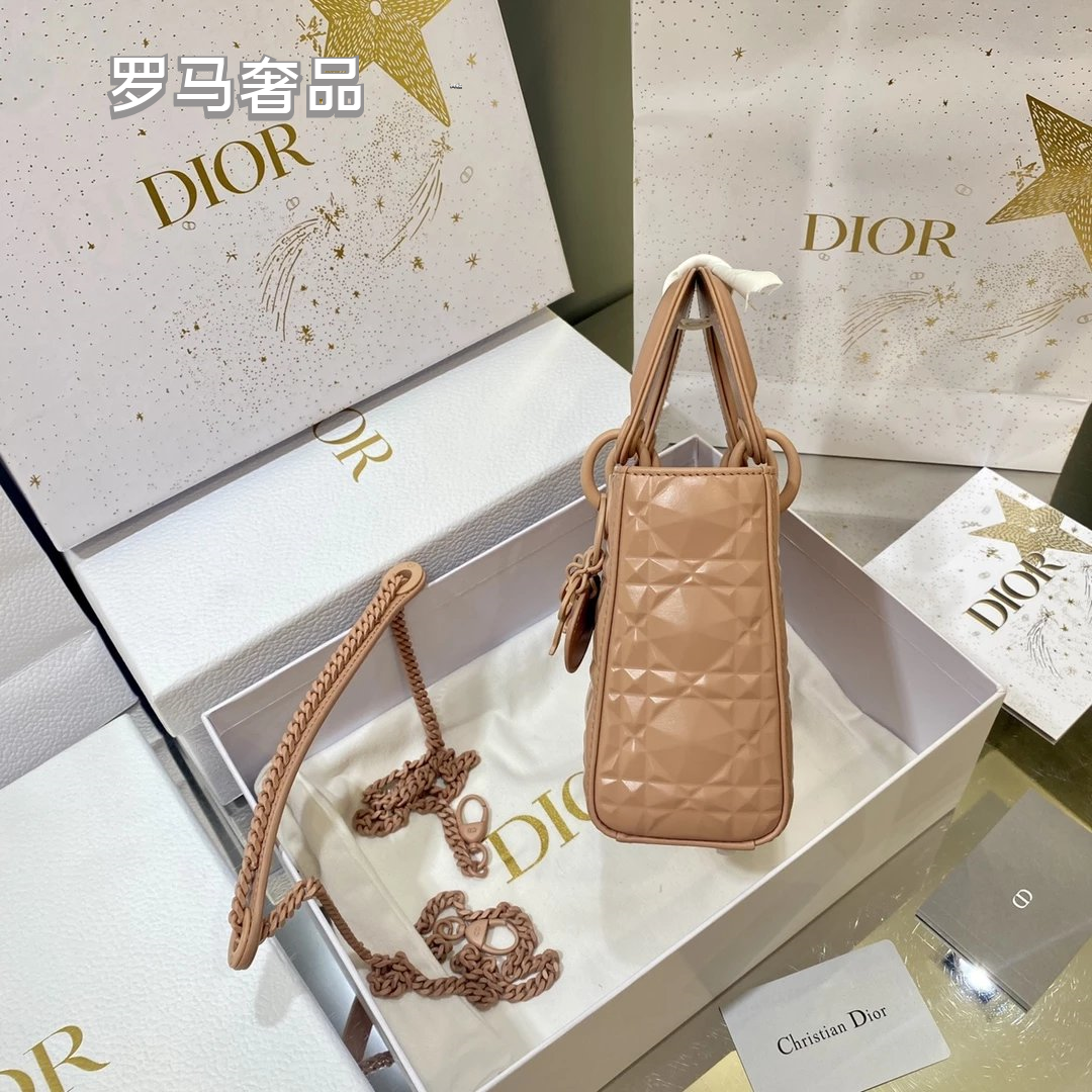 Dior Matte Beige Quilted Leather Mini Handbag with Top Handle and Chain
