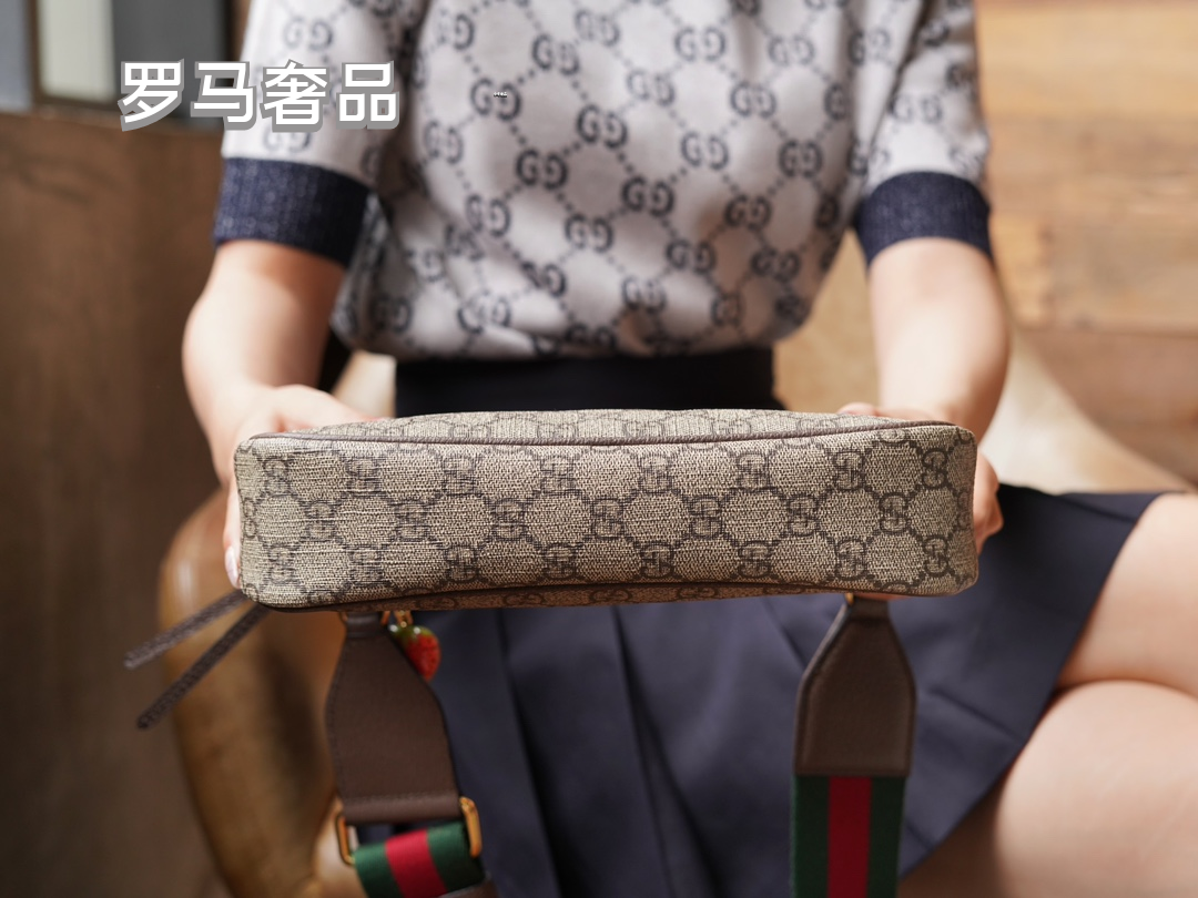 Gucci Classic Monogram Canvas Shoulder Bag with Web Strap and Strawberry Charm