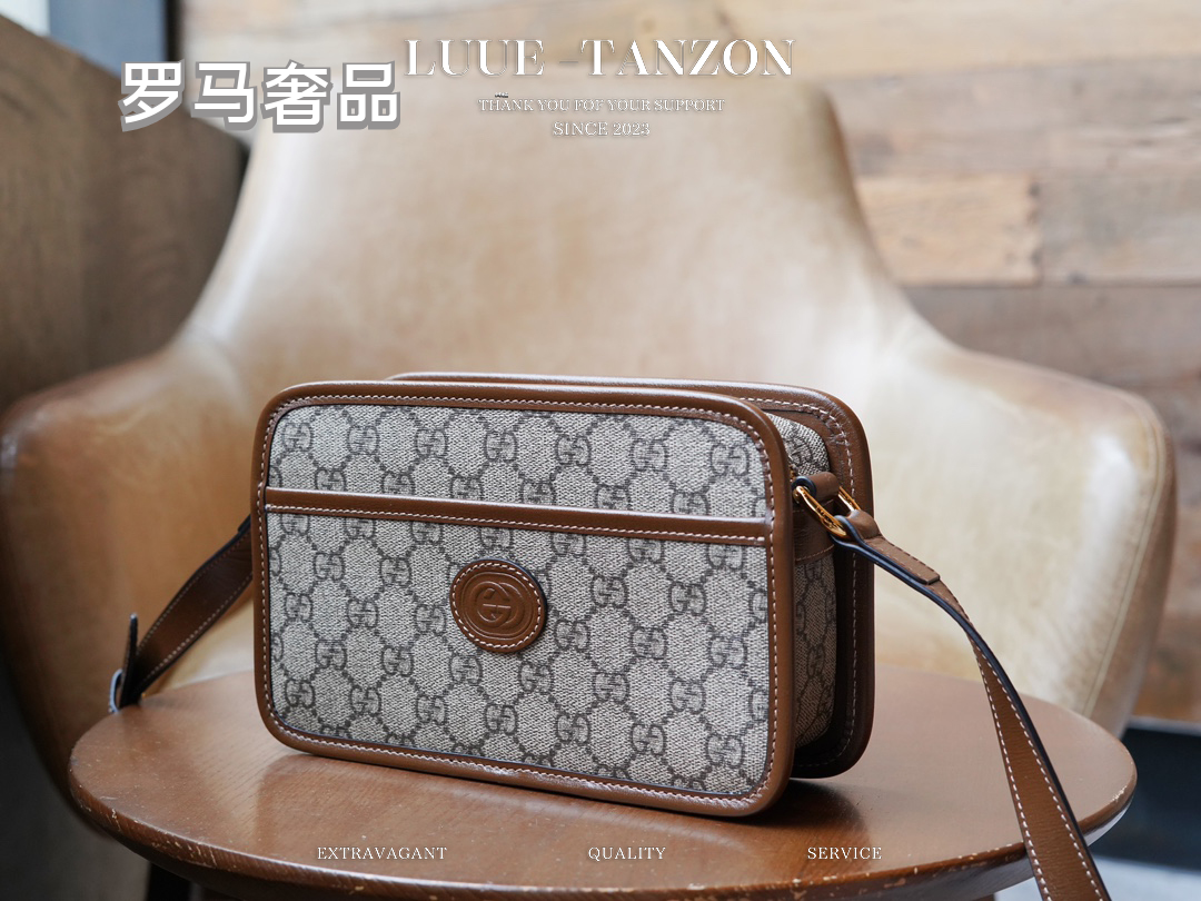 Gucci Vintage Monogram Canvas Crossbody Bag with Brown Leather Trim